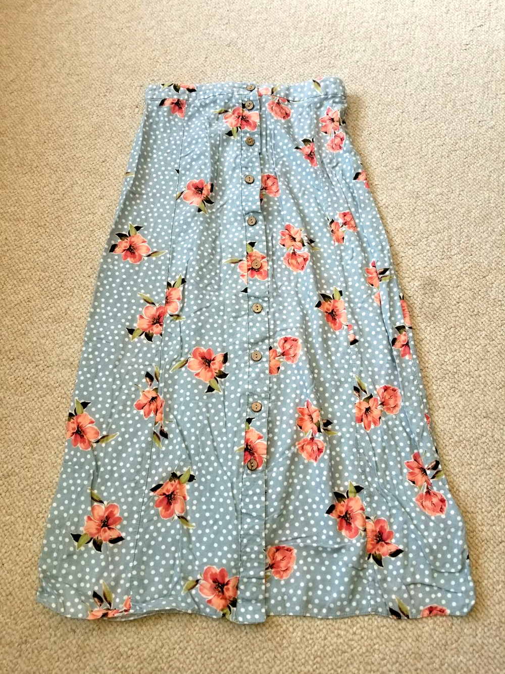 VINTAGE Y2K Womens Skirt-NEW LOOK-blue/white/pnk floral/polka dot button midi-8
